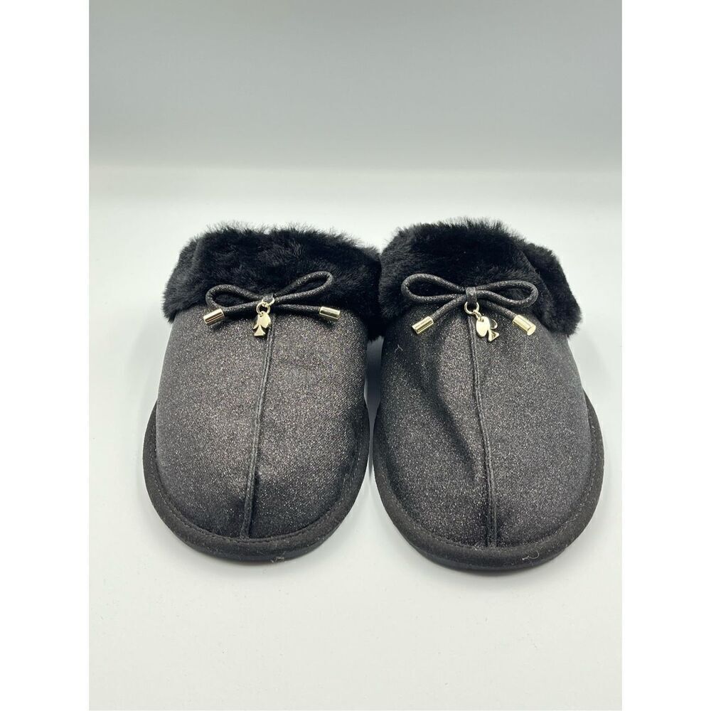 NWOB Kate Spade Lacy Slippers Mule Size 10B Black Glitter Faux Fire Gold Charm